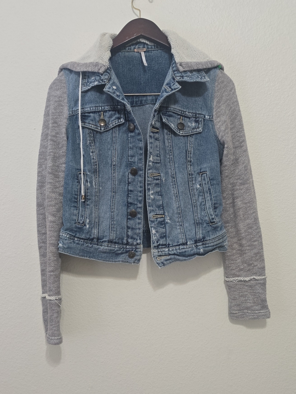 Free People Blue Denim Jacket with Gray Knit Hood & Sleeves